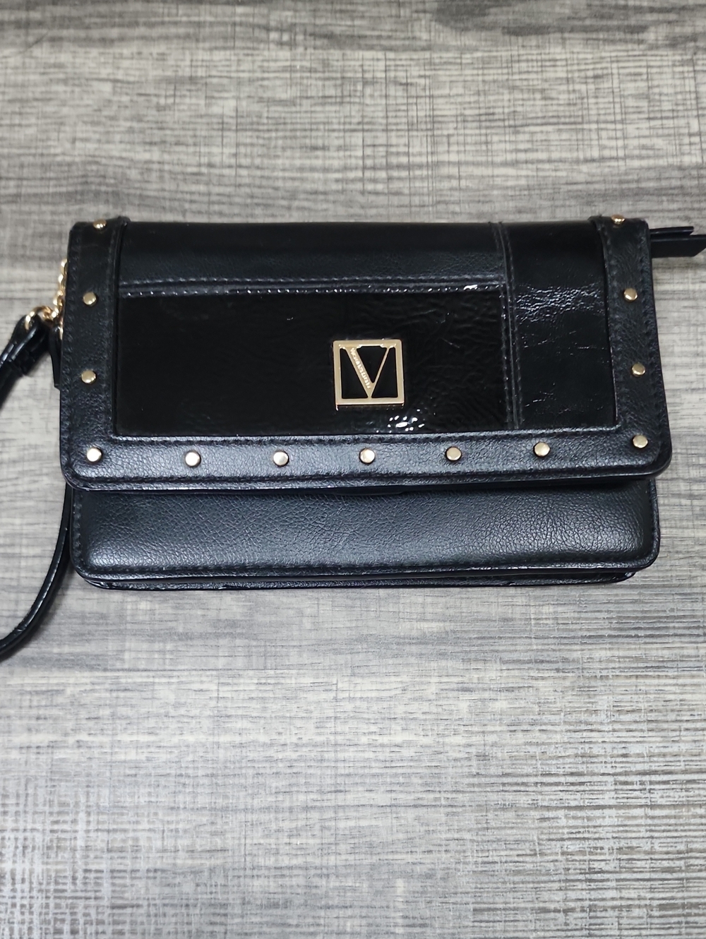 Victorias Secret Black‎ Stud-Trim Wristlet with Gold V Logo